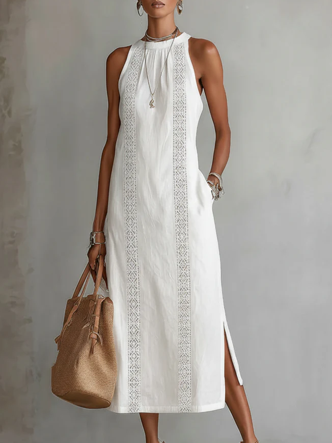 Jimena - Vestito midi in lino con collo mao