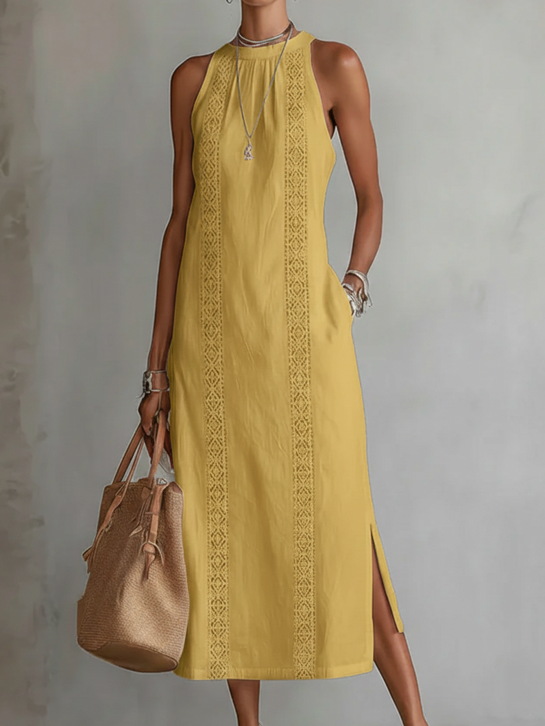 Jimena - Vestito midi in lino con collo mao