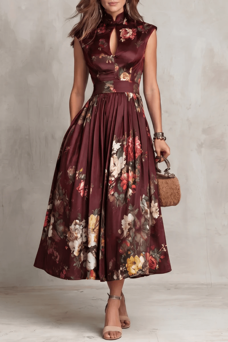 Rosalie™ | Abito Midi in Satin Piegato con Collo a Chiave
