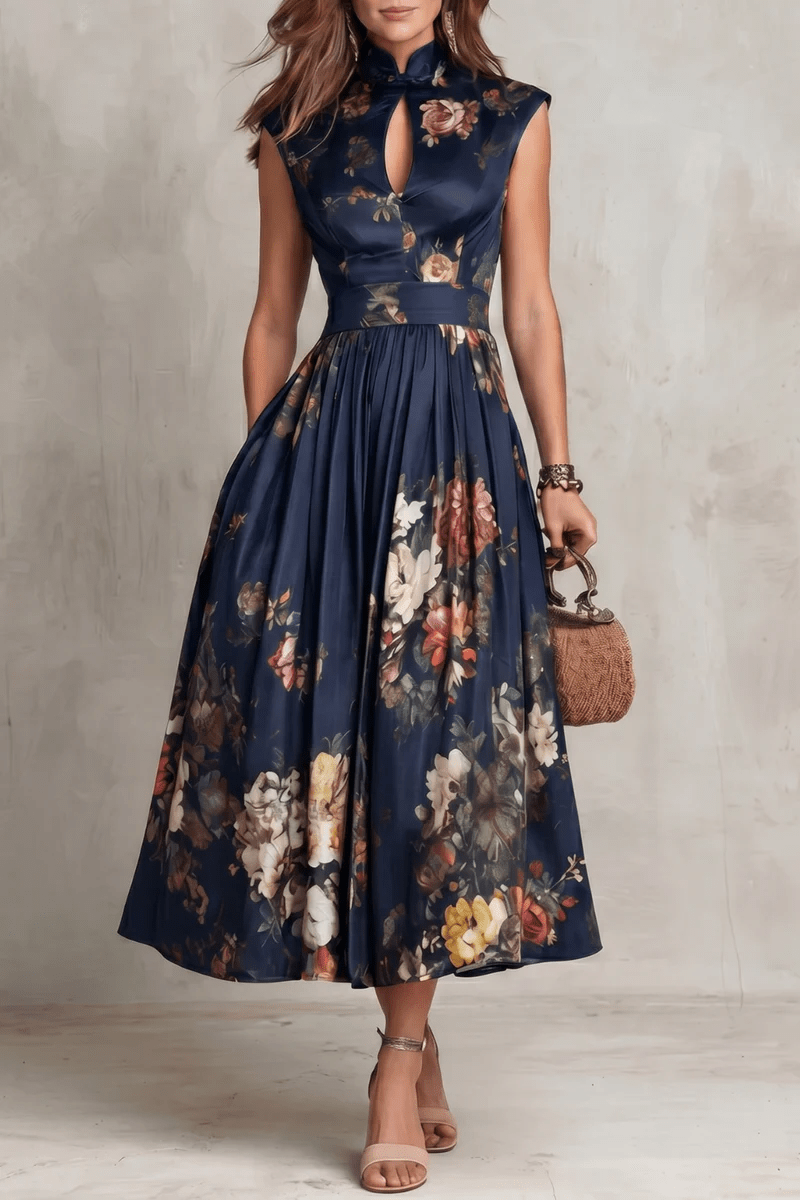 Rosalie™ | Abito Midi in Satin Piegato con Collo a Chiave