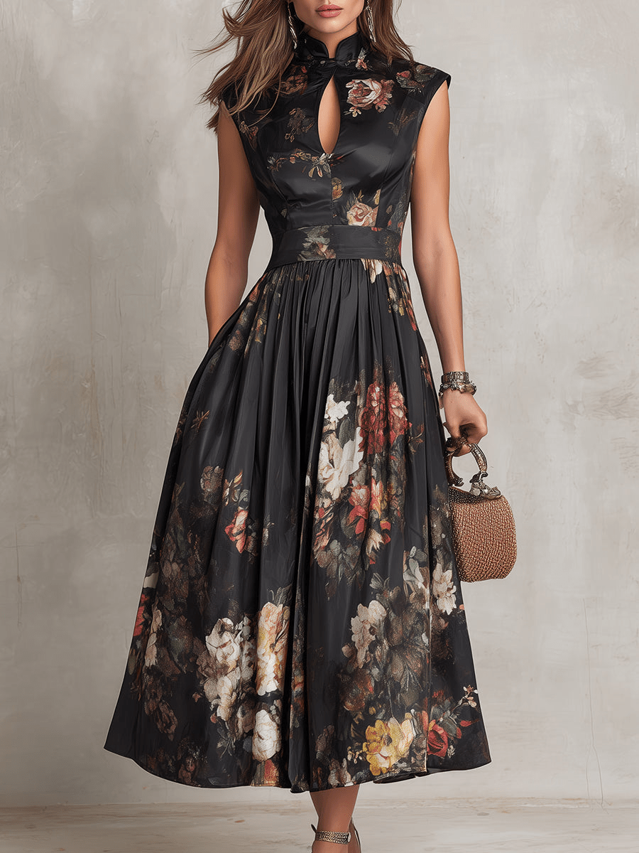Rosalie™ | Abito Midi in Satin Piegato con Collo a Chiave