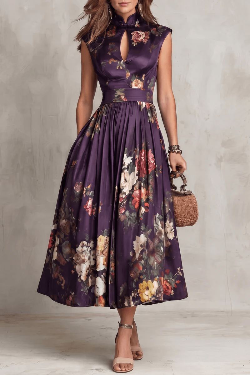 Rosalie™ | Abito Midi in Satin Piegato con Collo a Chiave