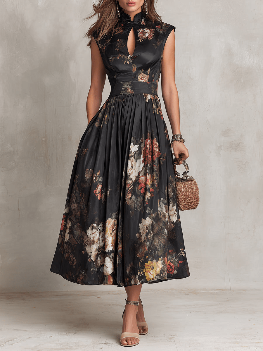 Rosalie™ | Abito Midi in Satin Piegato con Collo a Chiave