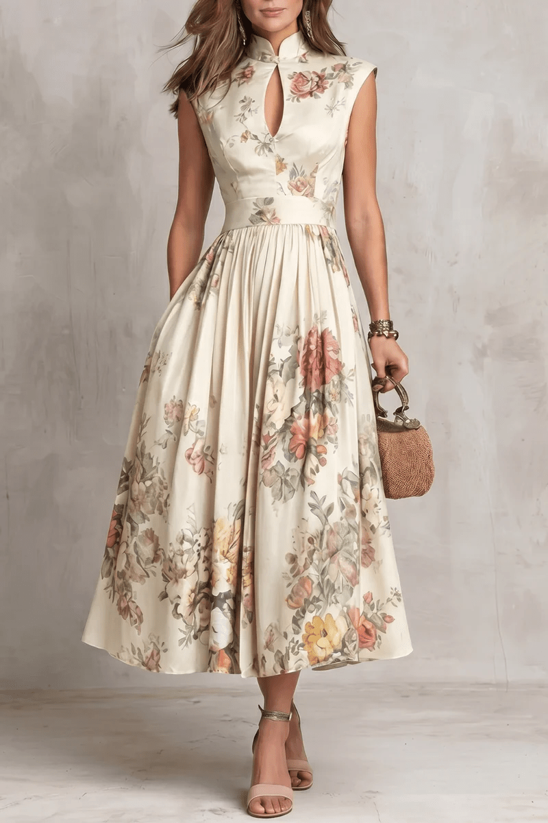 Rosalie™ | Abito Midi in Satin Piegato con Collo a Chiave